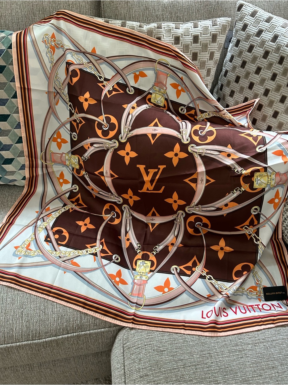 Louis Vuitton Brown & Orange Monogram Silk Square Scarf